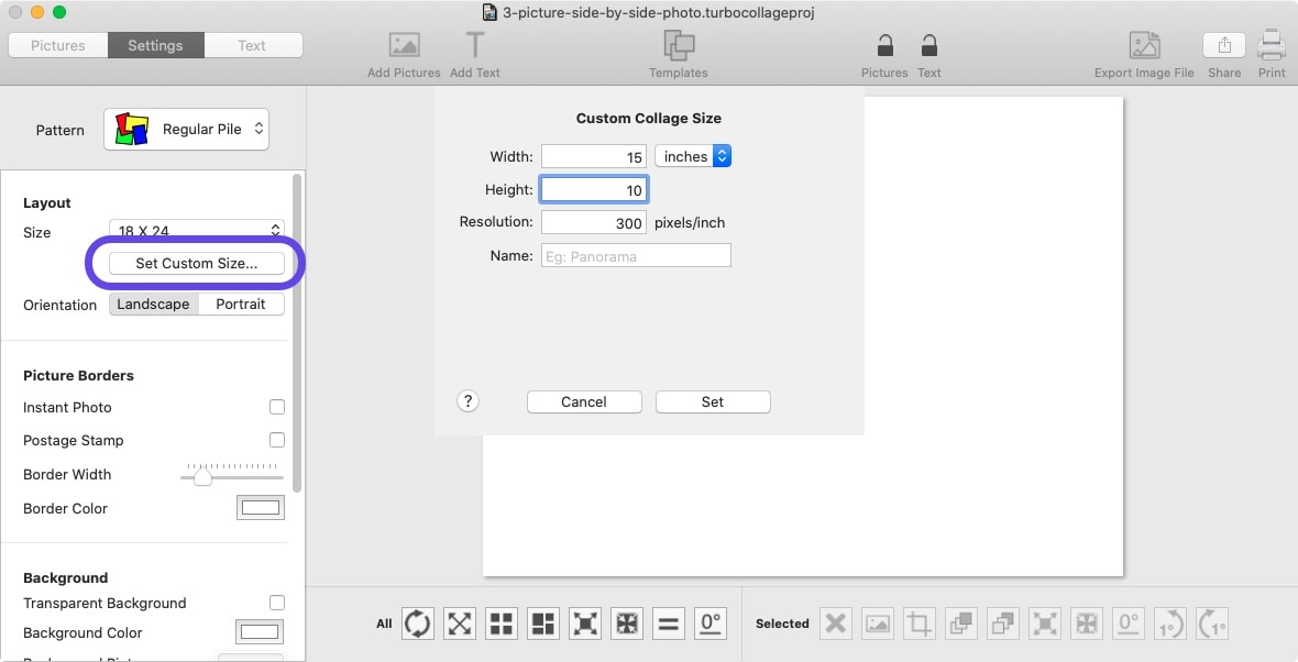 Screenshot of TurboCollage showing collage size being set to 15x10 inches.