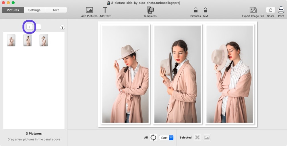 Screenshot of TurboCollage showing how to add pictures to side-by-side photo.