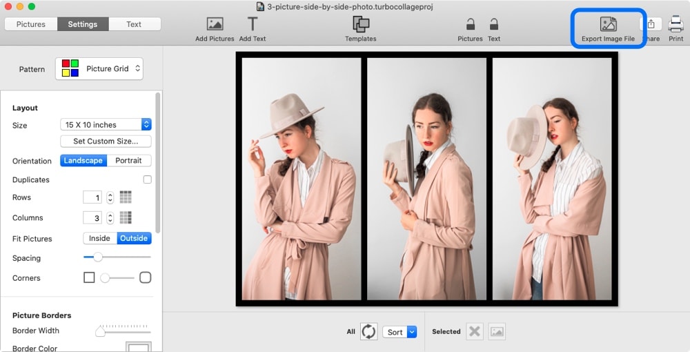 Screenshot of TurboCollage showing control to export the side-by-side photo to a JPG.