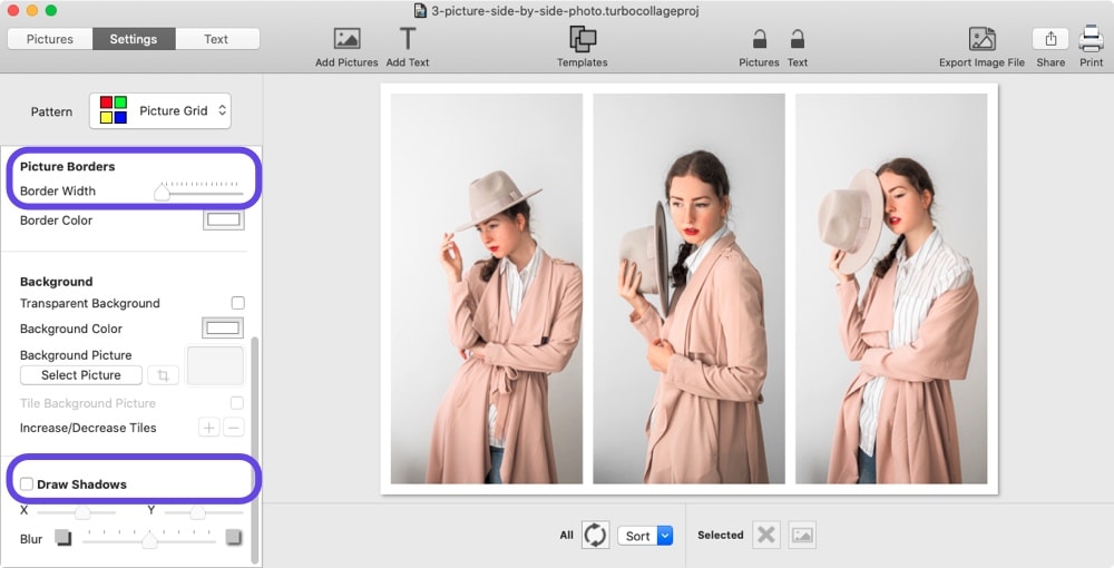 Screenshot of TurboCollage showing controls to reduce border on pictures, and to turn shadows off.