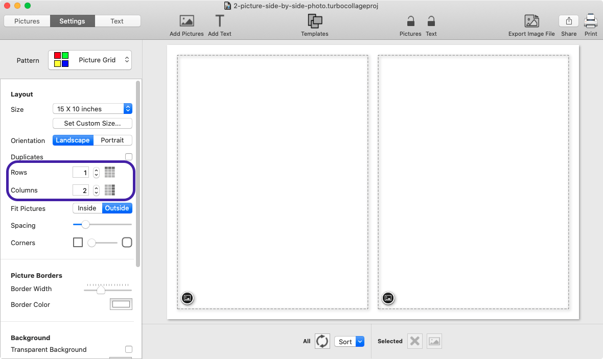Screenshot of TurboCollage showing selection of Picture Grid pattern with 1 row and 2 columns.