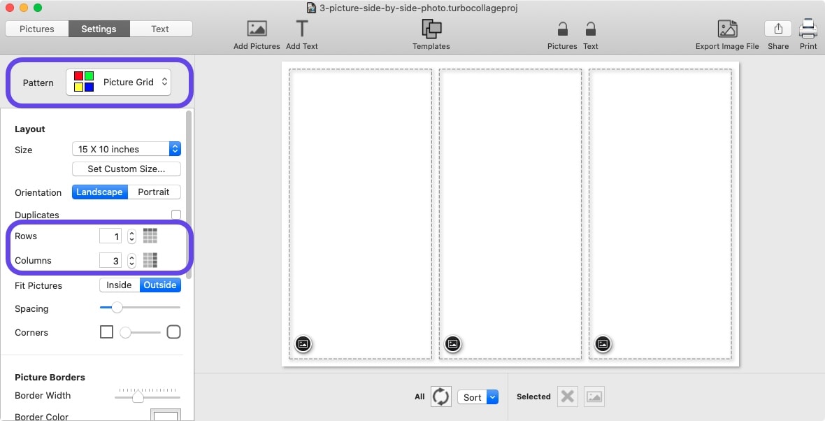 Screenshot of TurboCollage showing selection of Picture Grid pattern with 1 row and 3 columns.