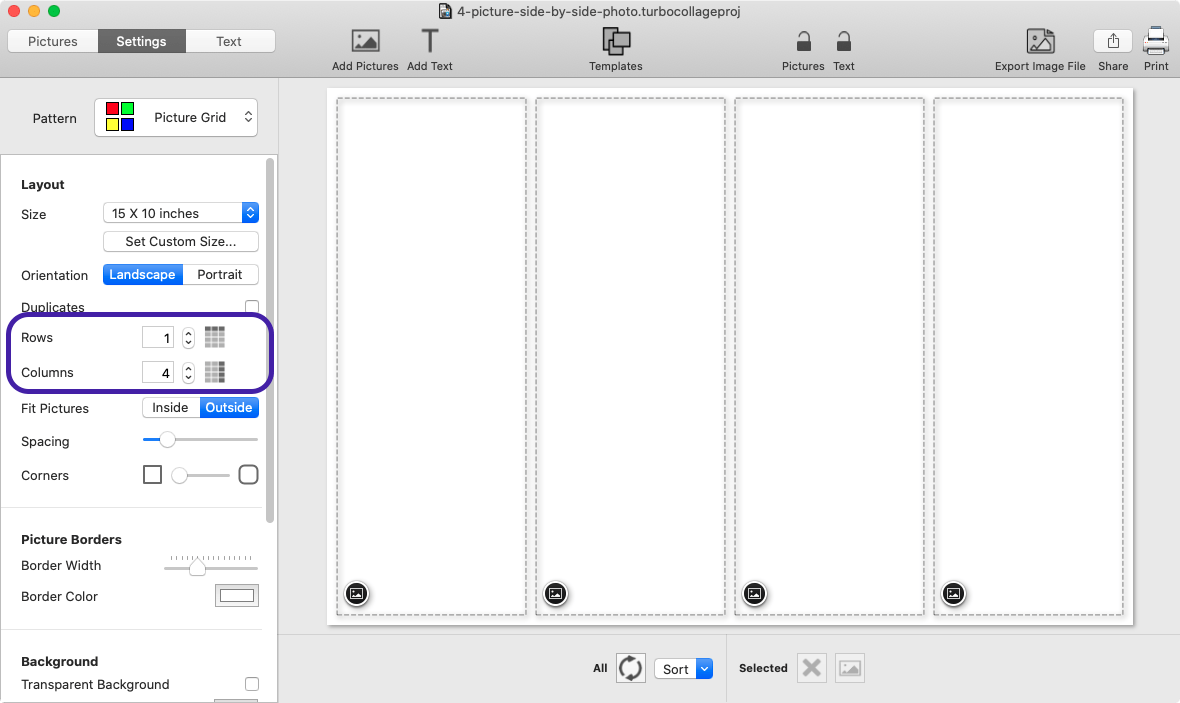 Screenshot of TurboCollage showing selection of Picture Grid pattern with 1 row and 4 columns.