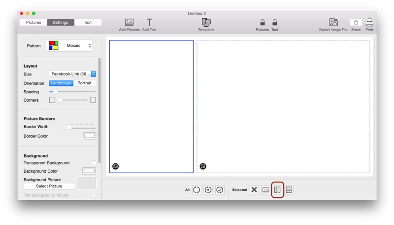 Screenshot of TurboCollage showing how to split the canvas into multiple side-by-side cells.