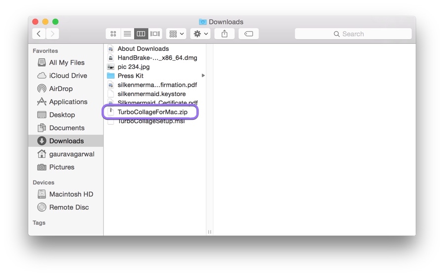 A screenshot of Finder showing zip archive TurboCollageForMac.zip in the Downloads folder.