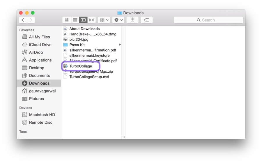 A screenshot of Finder showing unzipped TurboCollage application.