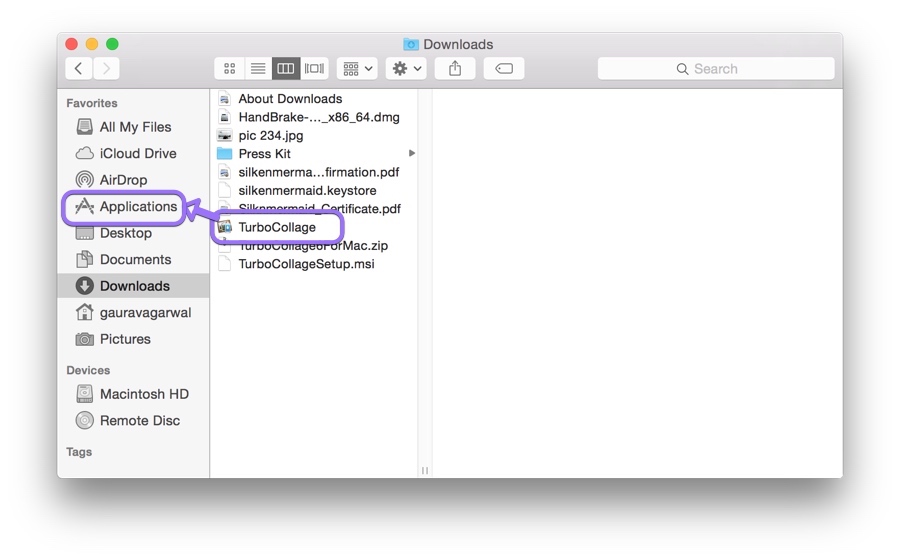 A screenshot of Finder showing dragging of TurboCollage to the Applications folder.