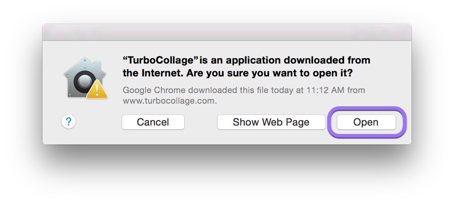 A screenshot of a warning that might appear when you open TurboCollage for the first time on a Mac.