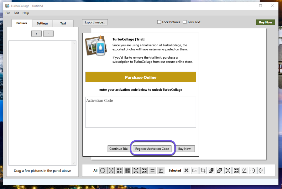 A screenshot of TurboCollage software showing the license activation screen.