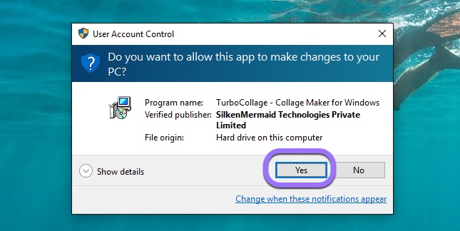 A screenshot of Windows UAC dialog that appears when installing TurboCollage for Windows PC.