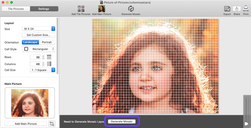 Screenshot of TurboMosaic highlighting the button used to generate the picture of pictures