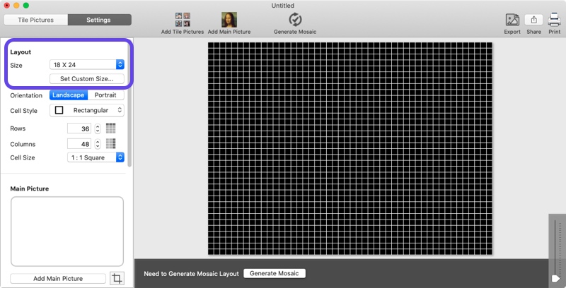 Screenshot of TurboMosaic hightlighting the controls used to set the output size for picture of pictures