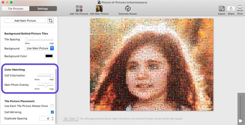 Screenshot of TurboMosaic showing how to use Color Matching to make the output picture closely resemble the original picture