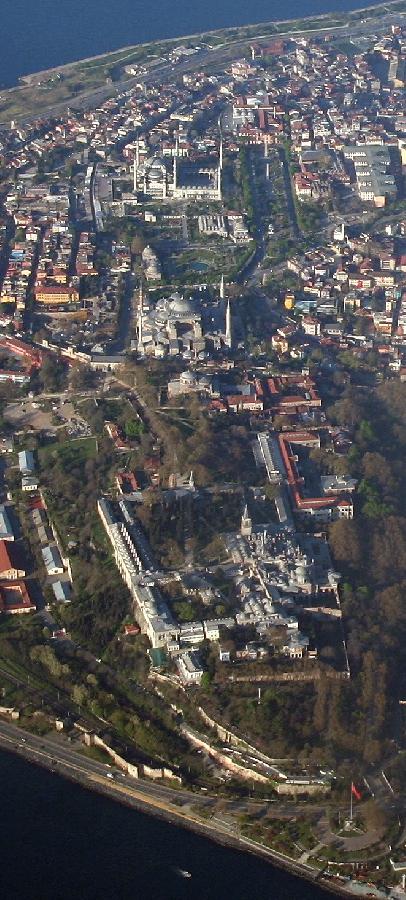Aerial view of Blue Mosque, Hagia Sophia and Topkapi Palace 