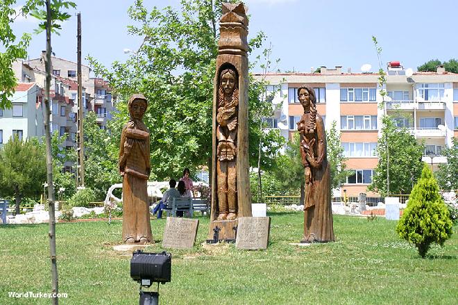 Wooden statues in the town center