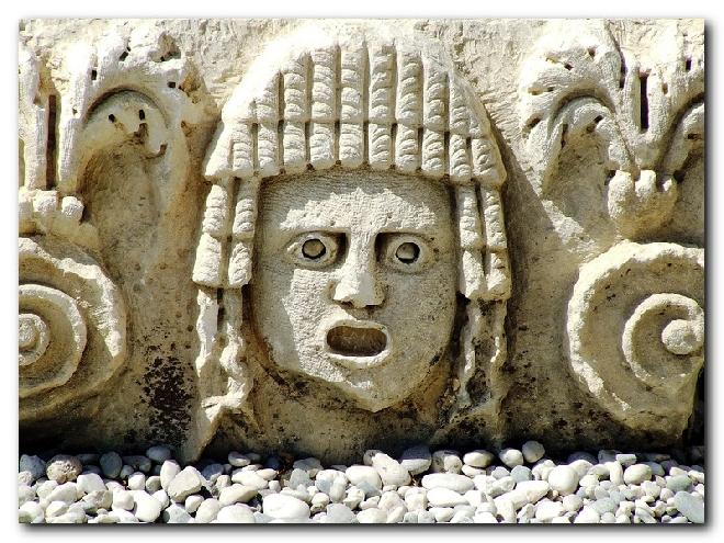 Carved mask at Myra’s theatre.