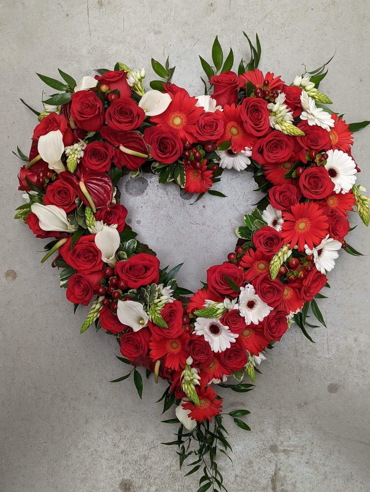 A red and white hollow heart shaped floral piece made with red roses, red & white gerbera daisies, white calla lilies, burgundy hypericum, and star of Bethlehem with a sprinkling of greenery.