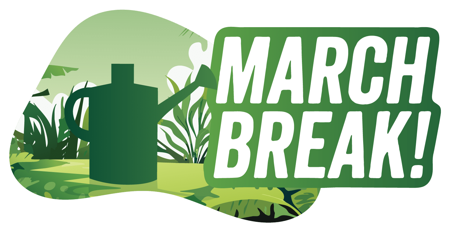 The March Break event logo: bold “March Break!” lettering beside a watering can silhouette on a green foliage badge.