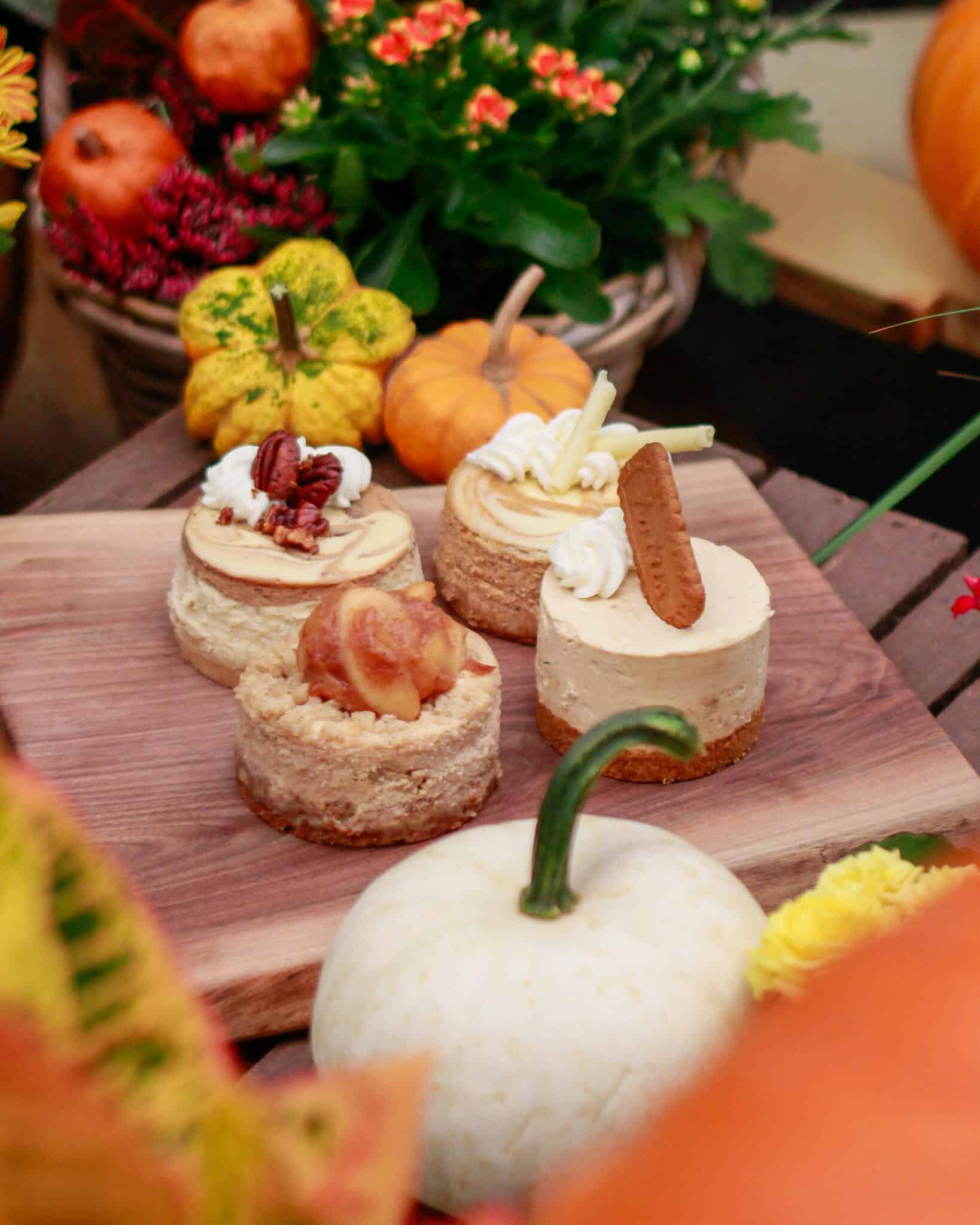 Wide view of four mini cheesecakes on a board with a white pumpkin in front and a basket of pomegranates behind.