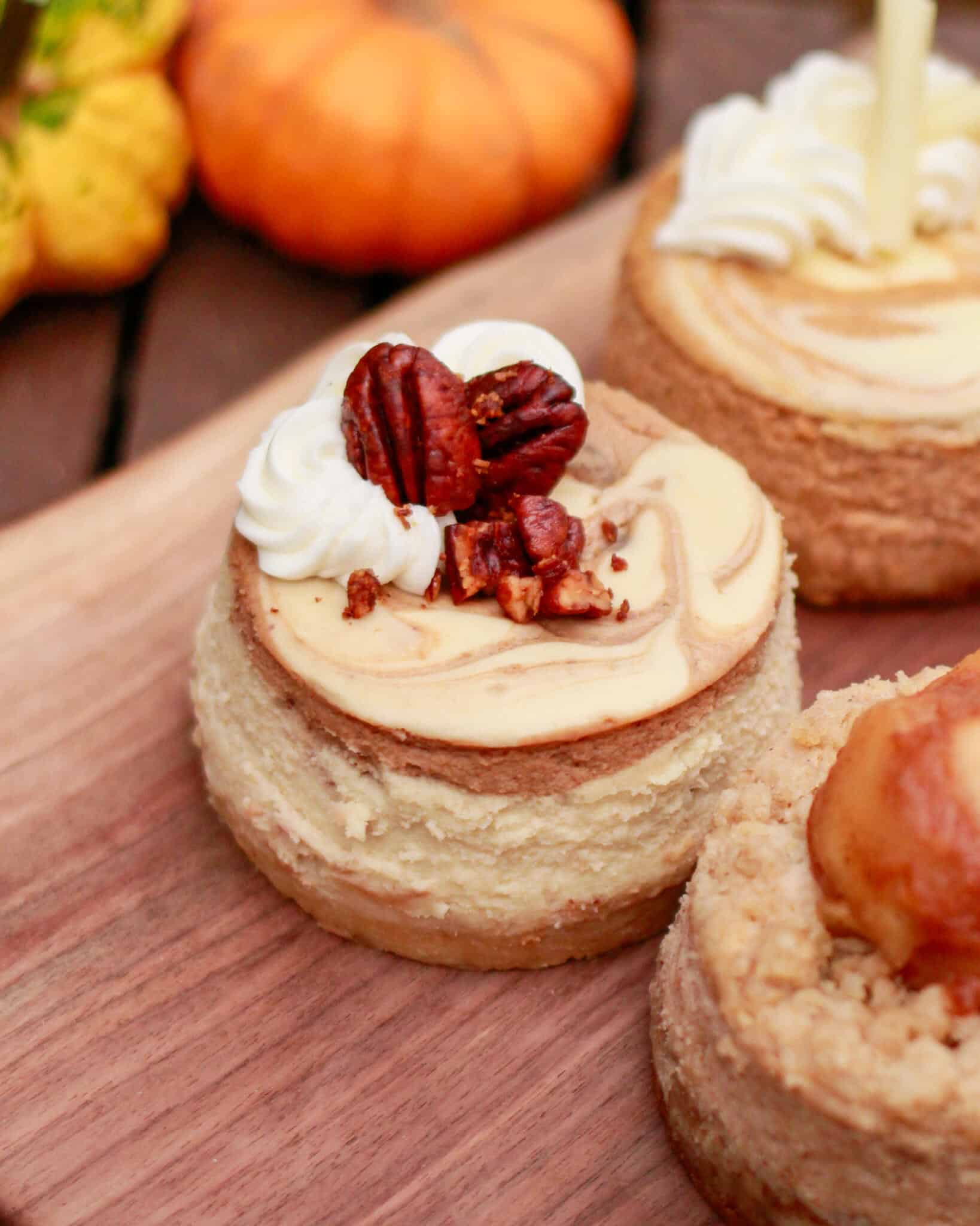 Caramel-swirl mini cheesecake topped with candied pecans and whipped cream, with pumpkins in the background.