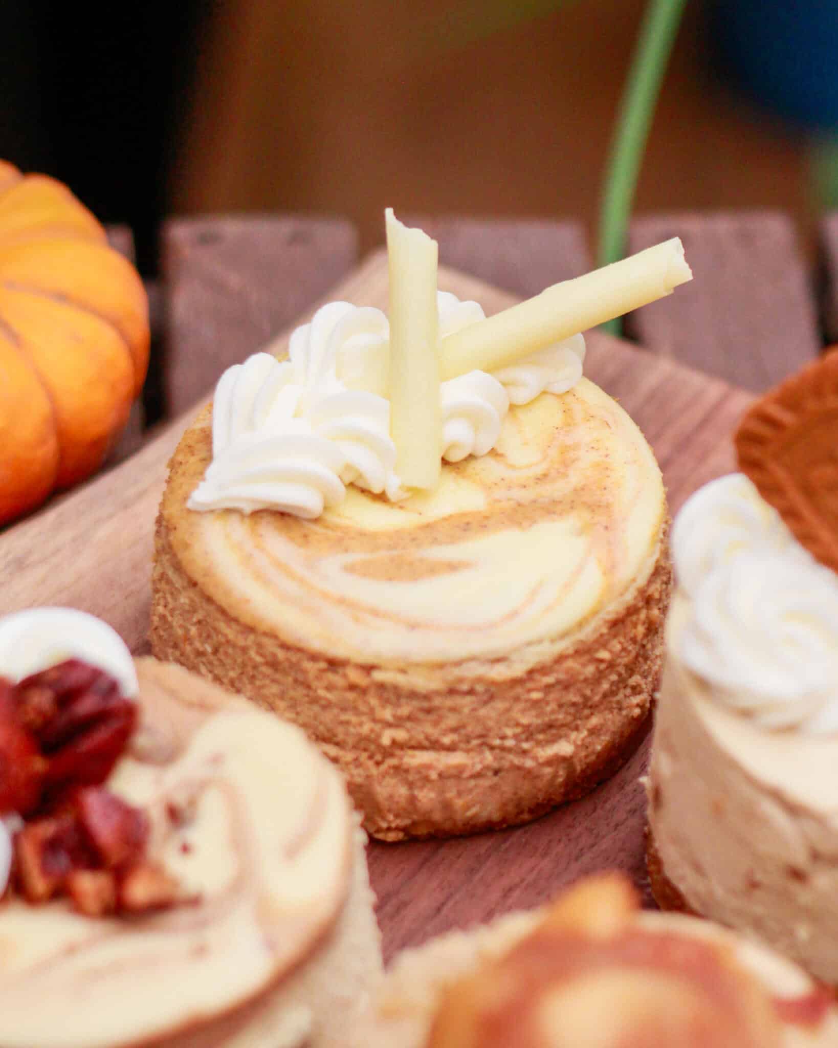 Swirled mini cheesecake topped with whipped cream and white chocolate curls, with a small pumpkin behind it.