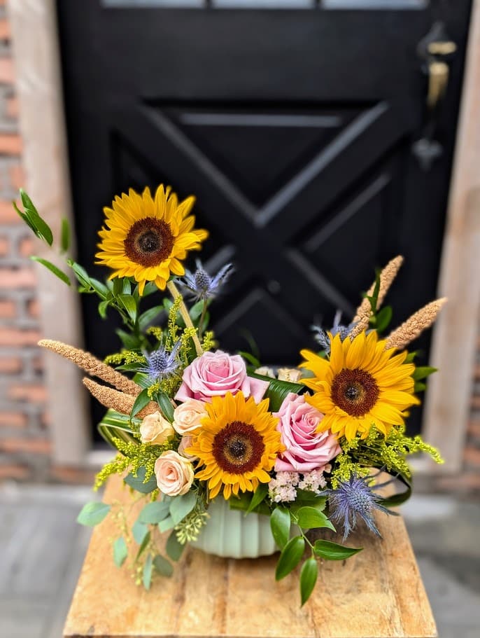 An autumn arrangement of sunflowers, blush roses, blue thistle, and wheat grasses in a pale celadon footed pot.