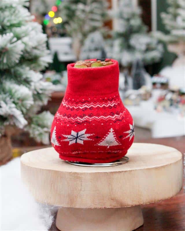 A waxed amaryllis bulb wrapped in a red knit sweater with snowflake and tree patterns, standing on a wooden pedestal with the bulb tip peeking out the top.