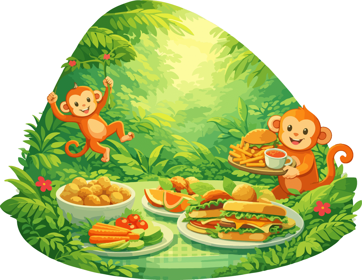Illustrated jungle scene for the March Madness Kids Menu, featuring two cartoon monkeys with plates of food including burgers, fries, and fresh fruit.