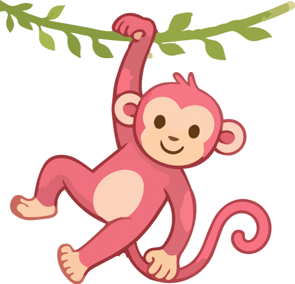 Illustrated pink cartoon monkey swinging from a green vine, used as the primary mascot character for March Break 2026 at The Watering Can.