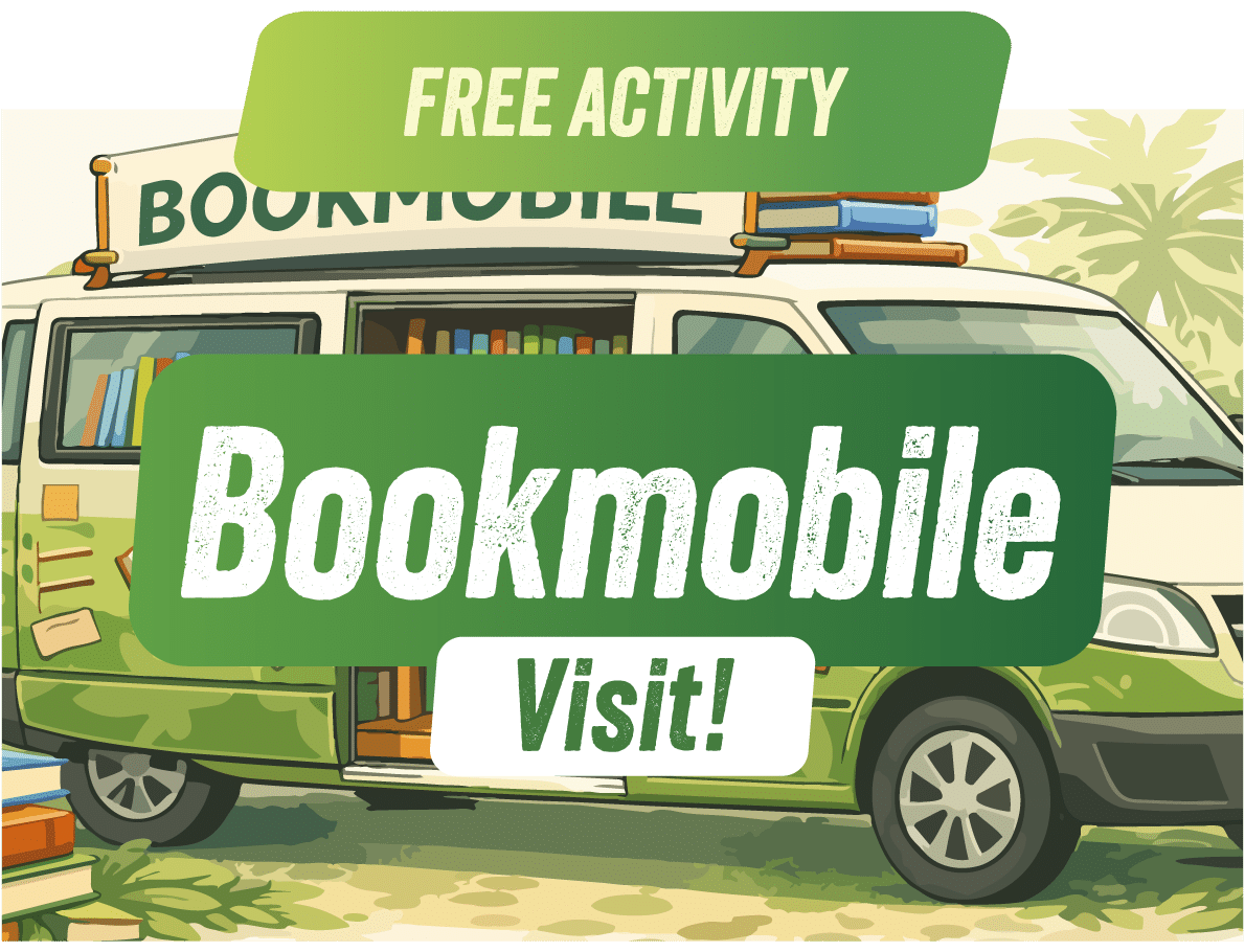 Promotional banner for the Bookmobile Visit free activity during March Break 2026, showing an illustrated green bookmobile van loaded with colourful books.