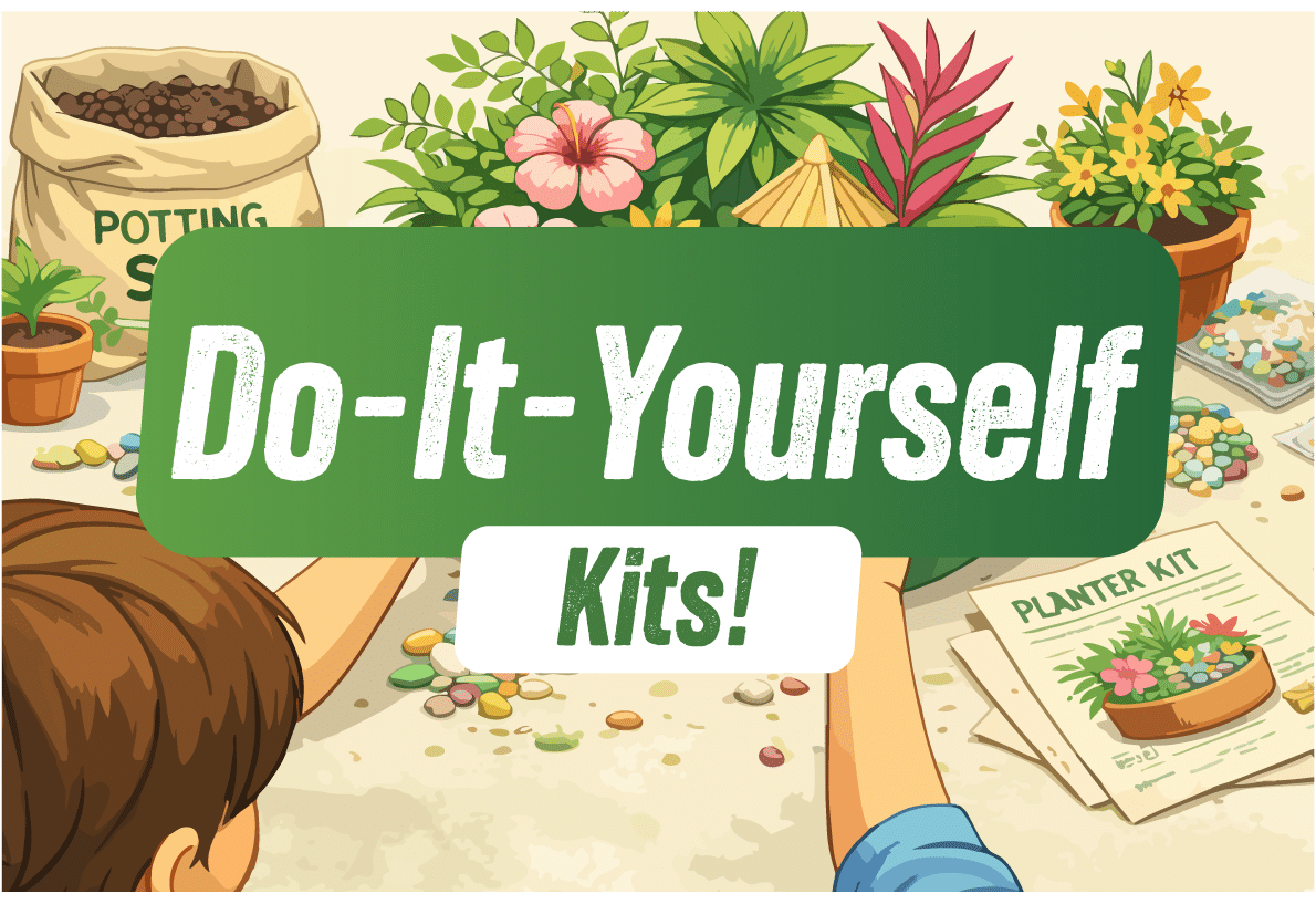 Illustrated banner for the Do-It-Yourself Kits free activity at March Break 2026, showing a child planting with a planter kit, surrounded by tropical flowers and potting supplies.