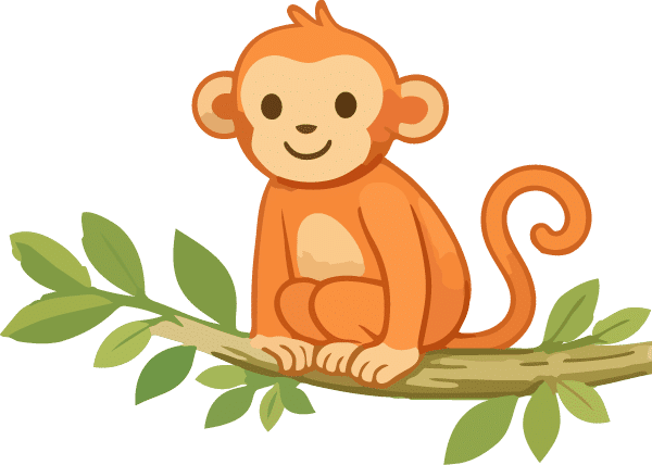 Illustrated orange cartoon monkey sitting on a leafy green branch, used as a mascot character for March Break 2026 at The Watering Can.