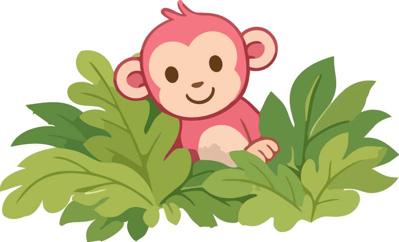 Illustrated pink cartoon monkey peeking playfully through tropical green leaves, used as a mascot for March Break 2026 at The Watering Can.