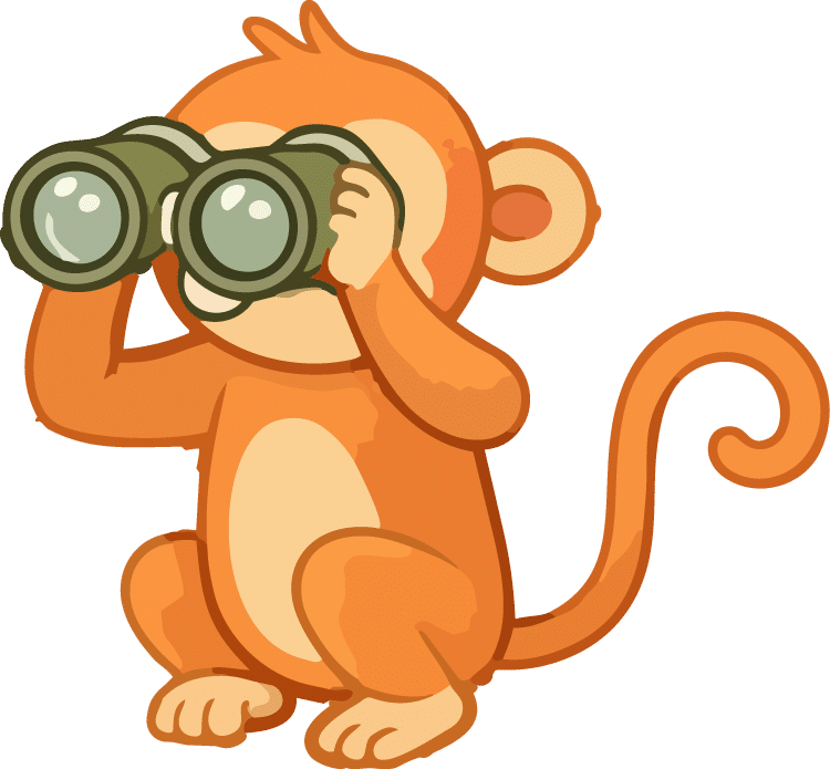 Illustrated cartoon monkey holding binoculars, used as a mascot character for March Break 2026 activities at The Watering Can.