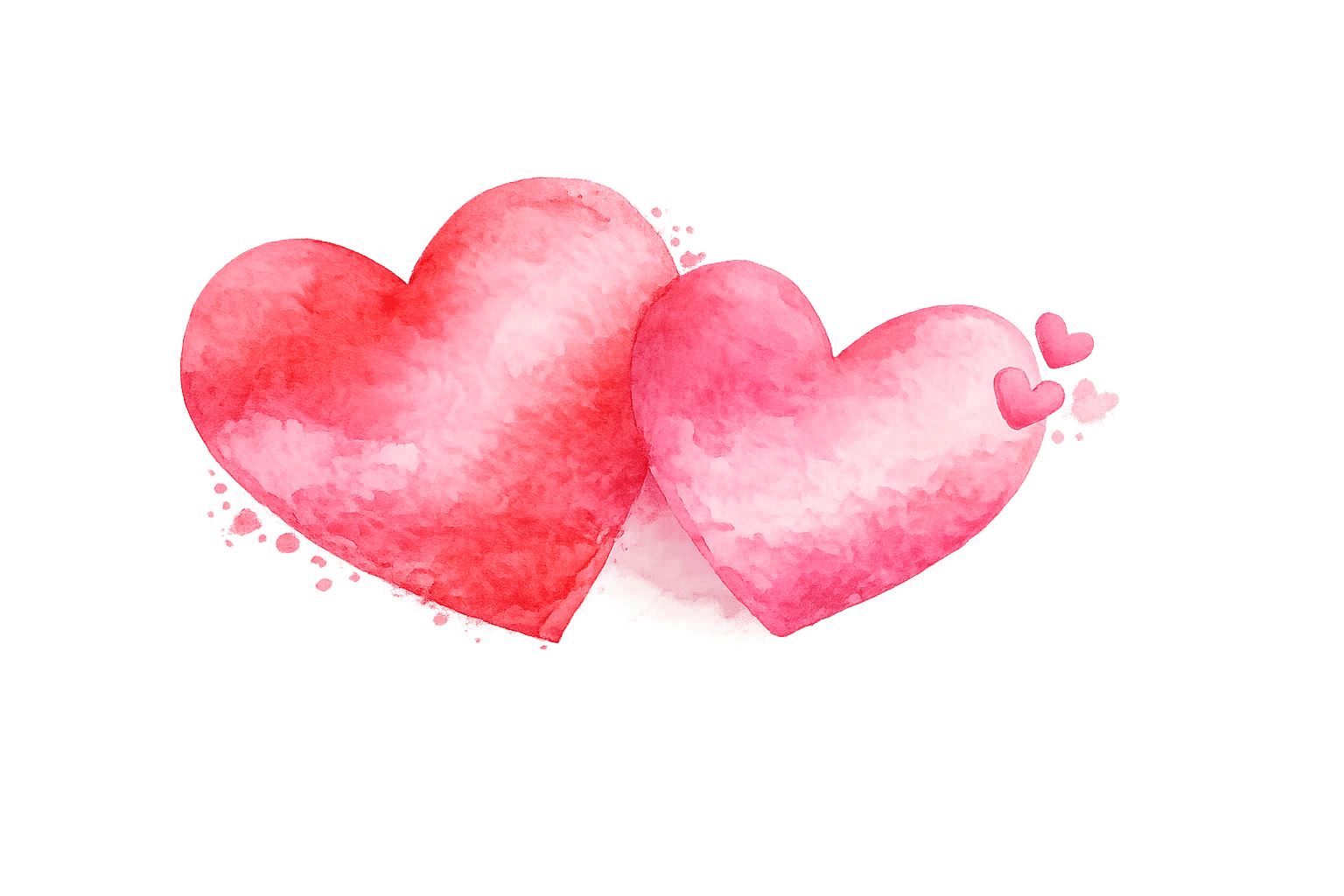 A soft watercolour illustration of two pink and red hearts side by side, with smaller hearts trailing off to one side on a pale grey background.