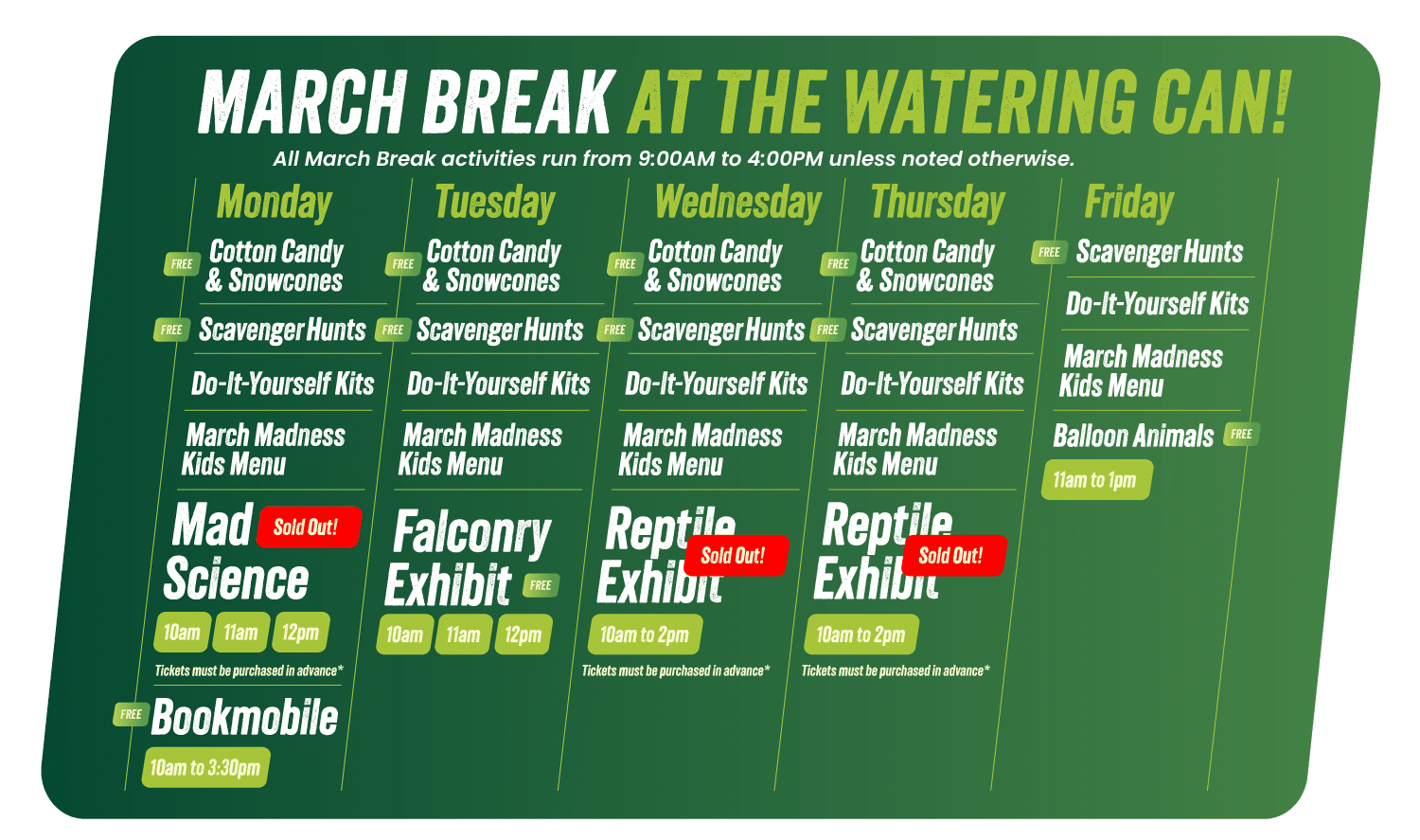 March Break 2026 weekly activity schedule at The Watering Can Flower Market, showing DIY kits, scavenger hunts, and ticketed activities including Falconry and Reptile Exhibits