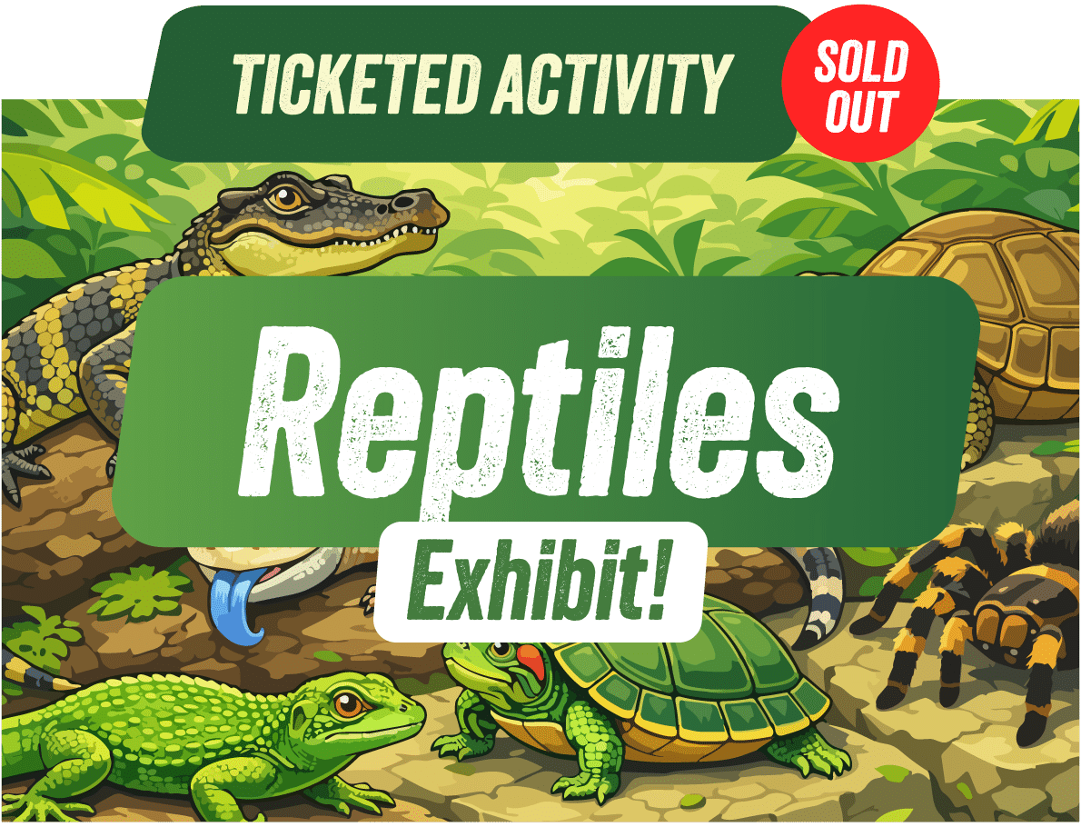 Sold out notice for the Reptiles Exhibit ticketed activity at The Watering Can, featuring illustrated reptiles including crocodile, turtle, and tarantula