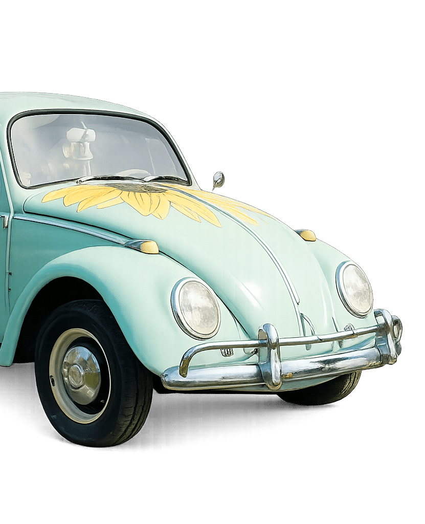 The Watering Can Sunflower VW Beetle — Studio Close-Up Close-up studio photo of The Watering Can's vintage VW Beetle decorated with sunflowers