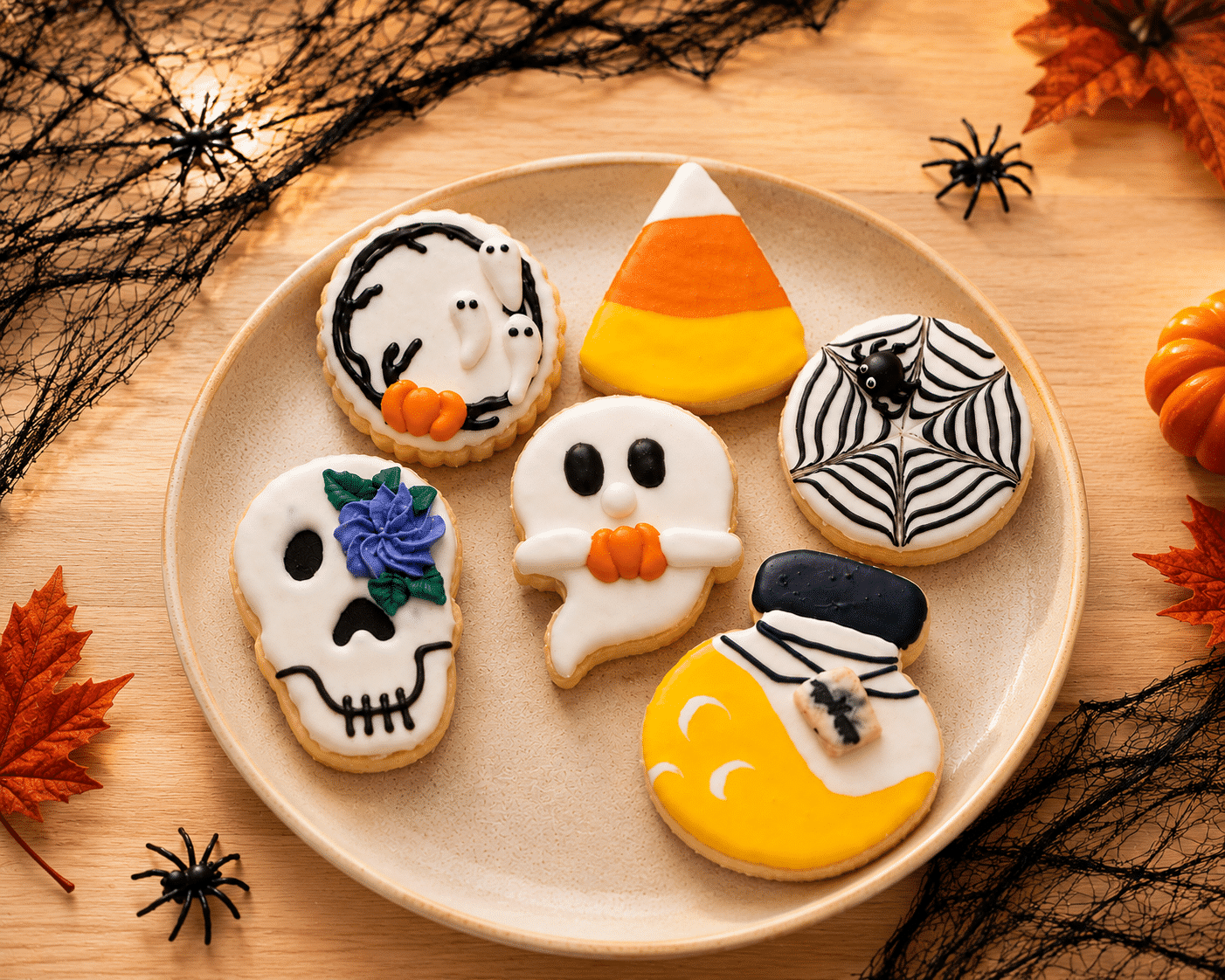 A stoneware plate of Halloween royal-icing sugar cookies — ghost, candy corn, spiderweb and sugar skull designs — surrounded by faux spiders, autumn leaves and mini pumpkins.