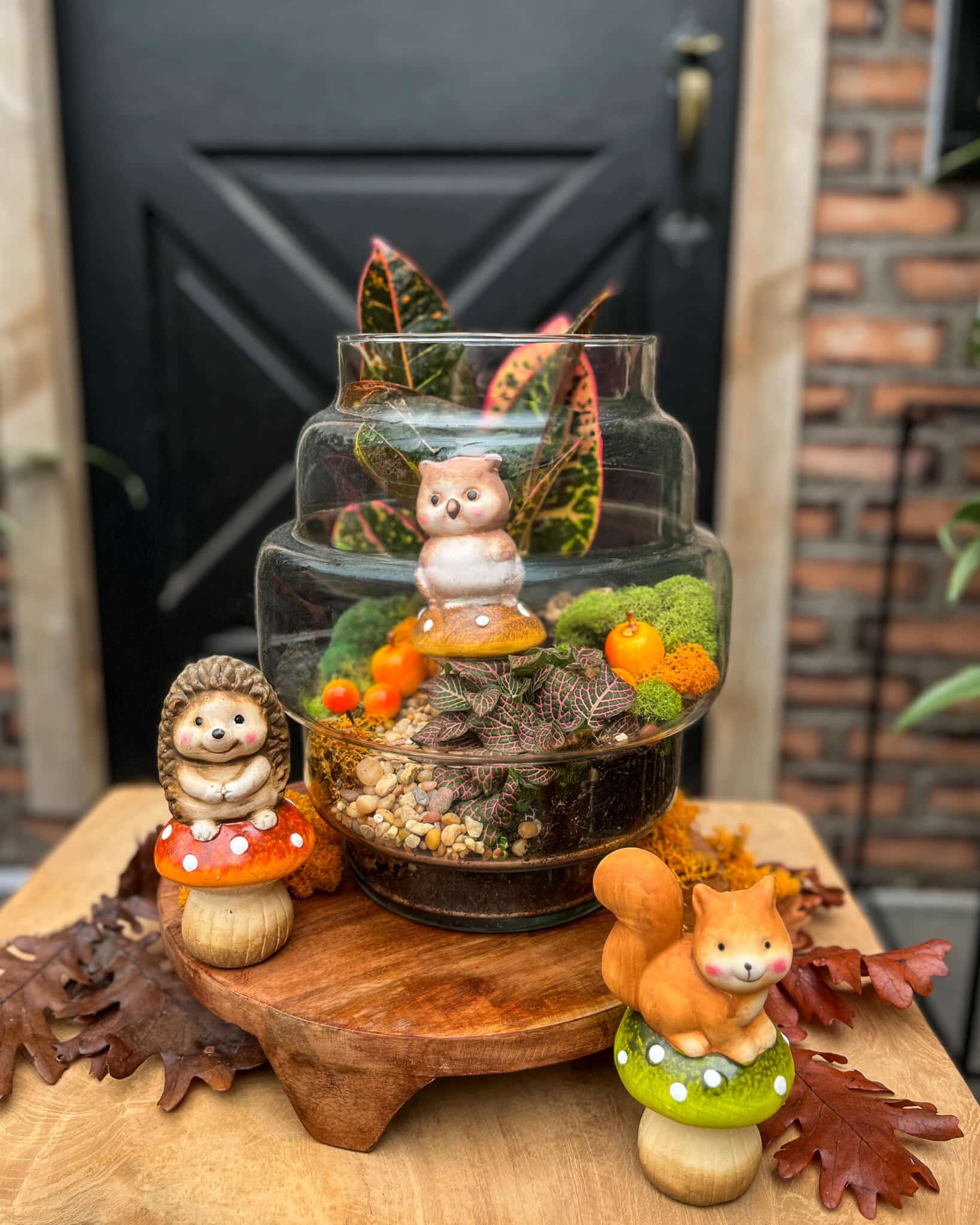 Glass terrarium with an owl figurine inside, flanked by a hedgehog and a squirrel on toadstools, with autumn leaves around.