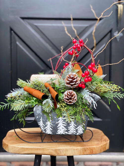 Metal sleigh planter with a white tree pattern, filled with evergreens, pine cones, red berries and rust-coloured accents.