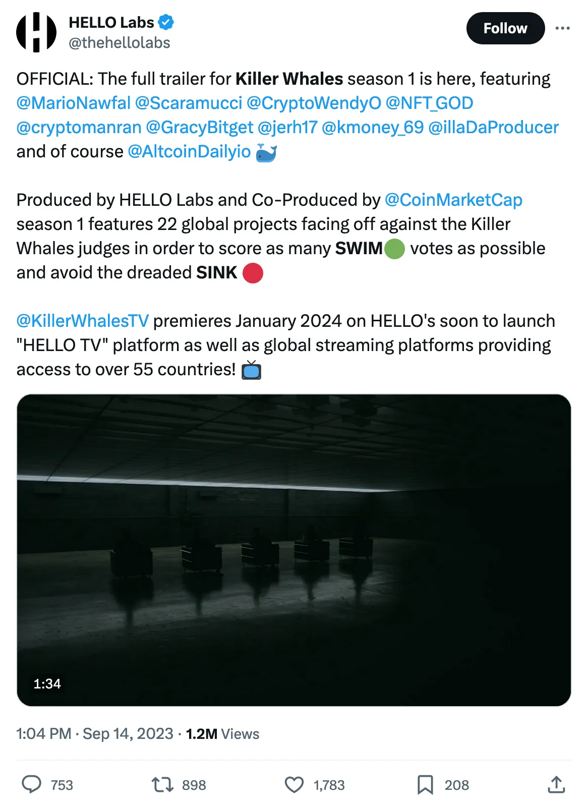 OFFICIAL: The full trailer for Killer Whales season 1 is here, featuring 
@MarioNawfal
 @Scaramucci
 @CryptoWendyO
 @NFT_GOD
 @cryptomanran
 @GracyBitget
 @jerh17
 @kmoney_69
 @illaDaProducer
 and of course 
@AltcoinDailyio
 

Produced by HELLO Labs and Co-Produced by 
@CoinMarketCap
 season 1 features 22 global projects facing off against the Killer Whales judges in order to score as many SWIM votes as possible and avoid the dreaded SINK 
@KillerWhalesTV
 premieres January 2024 on HELLO's soon to launch "HELLO TV" platform as well as global streaming platforms providing access to over 55 countries!  
Tweeted at 1:04 PM · Sep 14, 2023