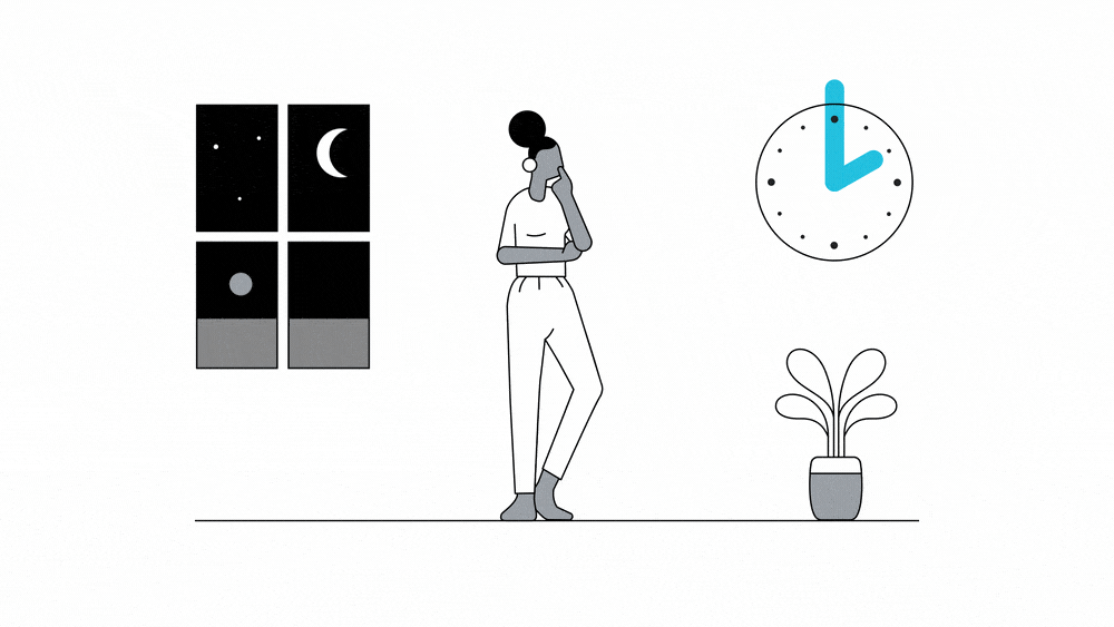 Bir kadın odada egzersiz yapıyor. Duvar saati farklı saatleri göstererek dönüyor ve pencereden gündüzün yerini geceye bırakışı görünüyor.
