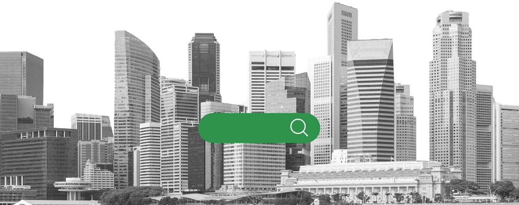 A search bar overlaying the iconic Singapore skyline, representing the use of digital to connect people virtually