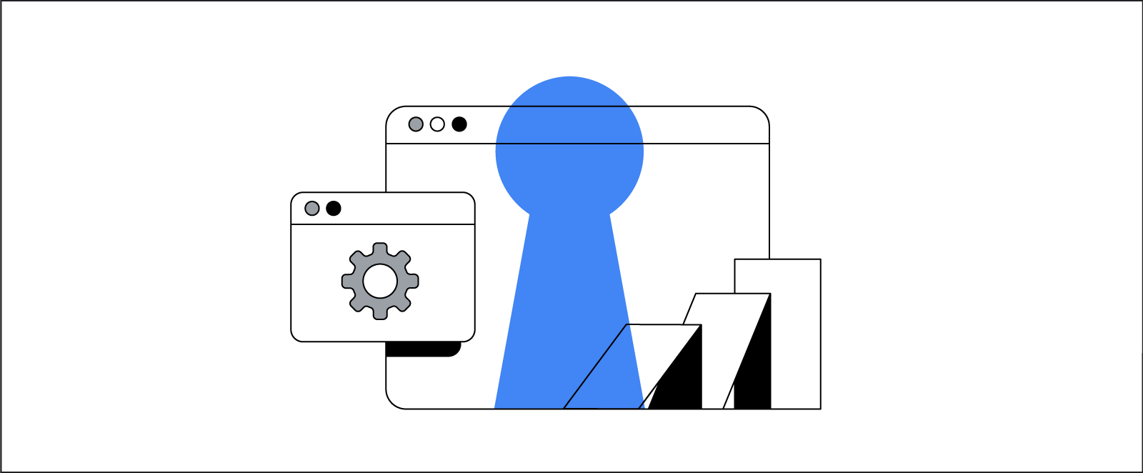 Browsers with a settings gear wheel, a stack of tumbling cards, and a blue keyhole illustrate Google’s emphasis on privacy, measurement, and automation.