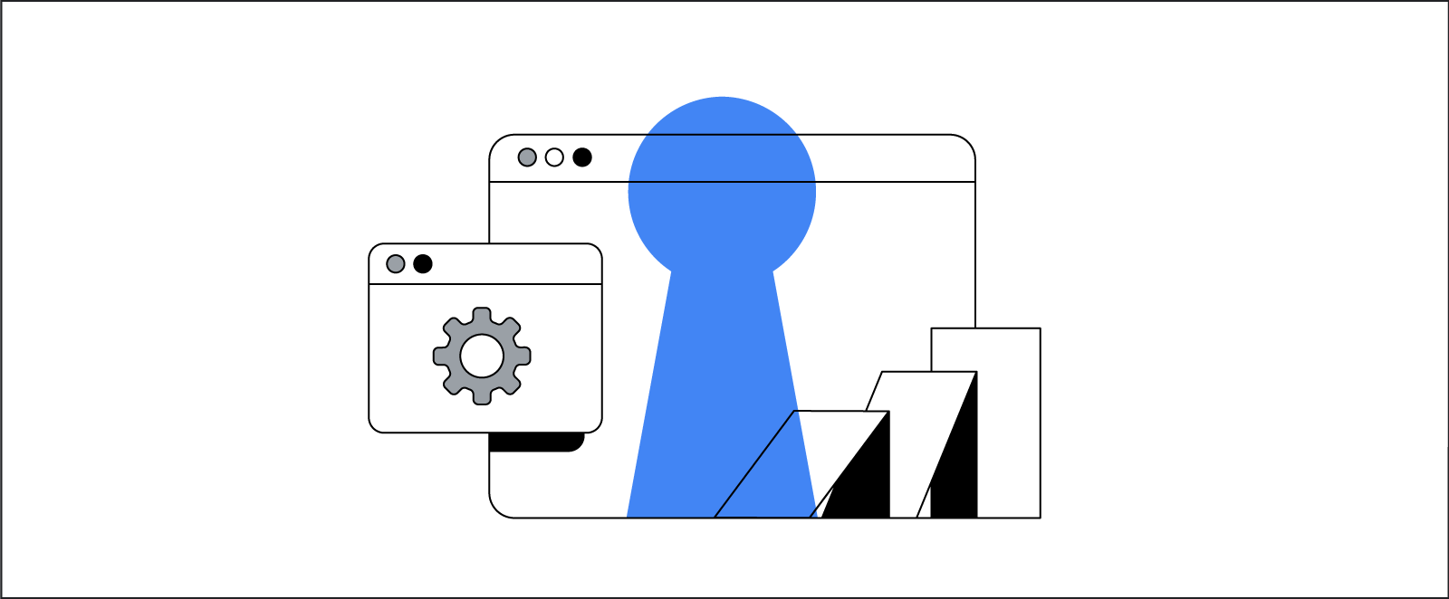 Un browser con un'icona a forma di ingranaggio per accedere alle impostazioni, una fila di carte inclinate che cadono e un buco della serratura di colore blu illustrano l'enfasi di Google su privacy, misurazione e automazione.