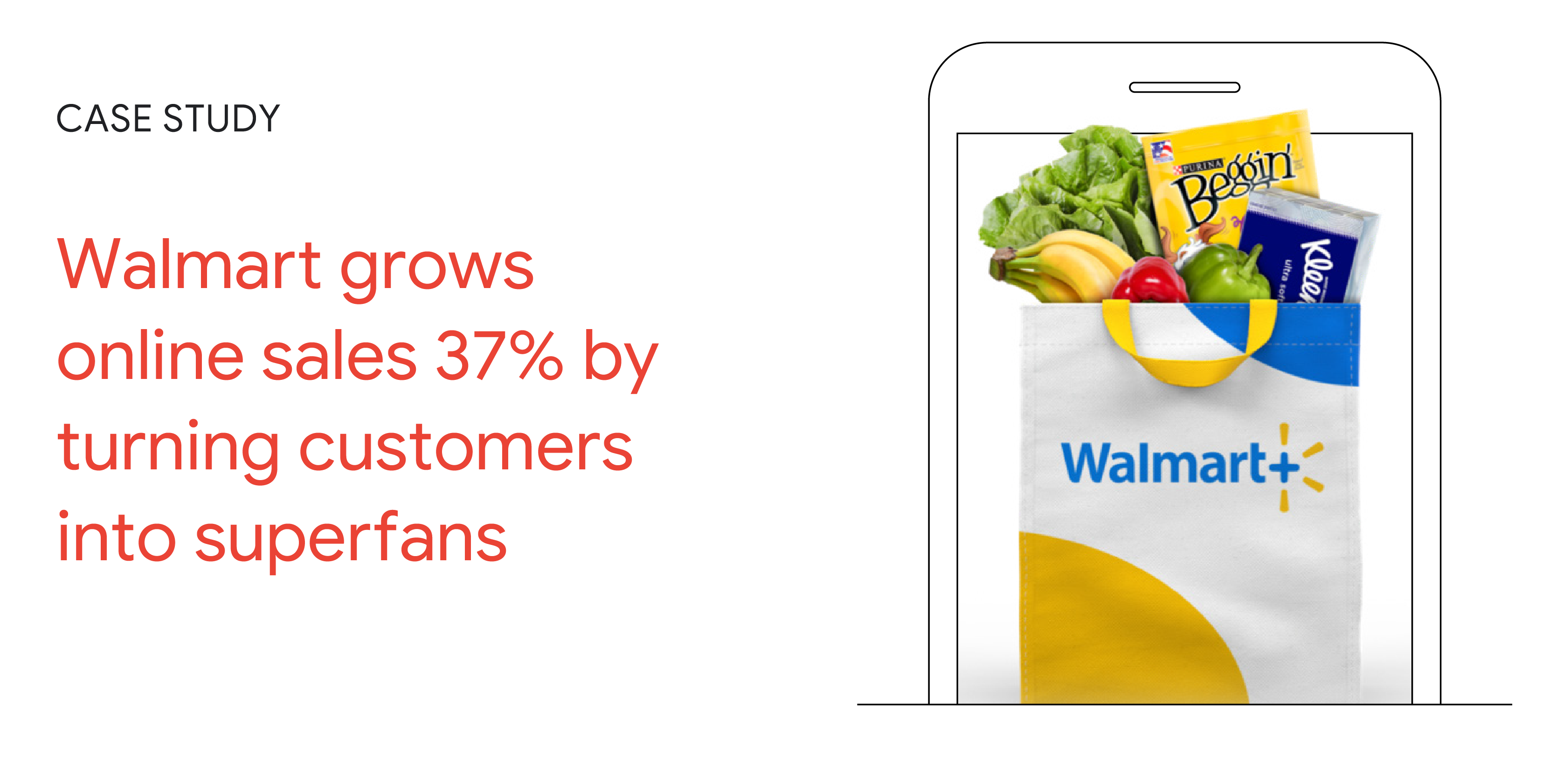 Case Study: Walmart grows online sales 37% by turning customers into superfans. A smartphone displays a blue, white, and yellow Walmart shopping bag with groceries poking out of the top.