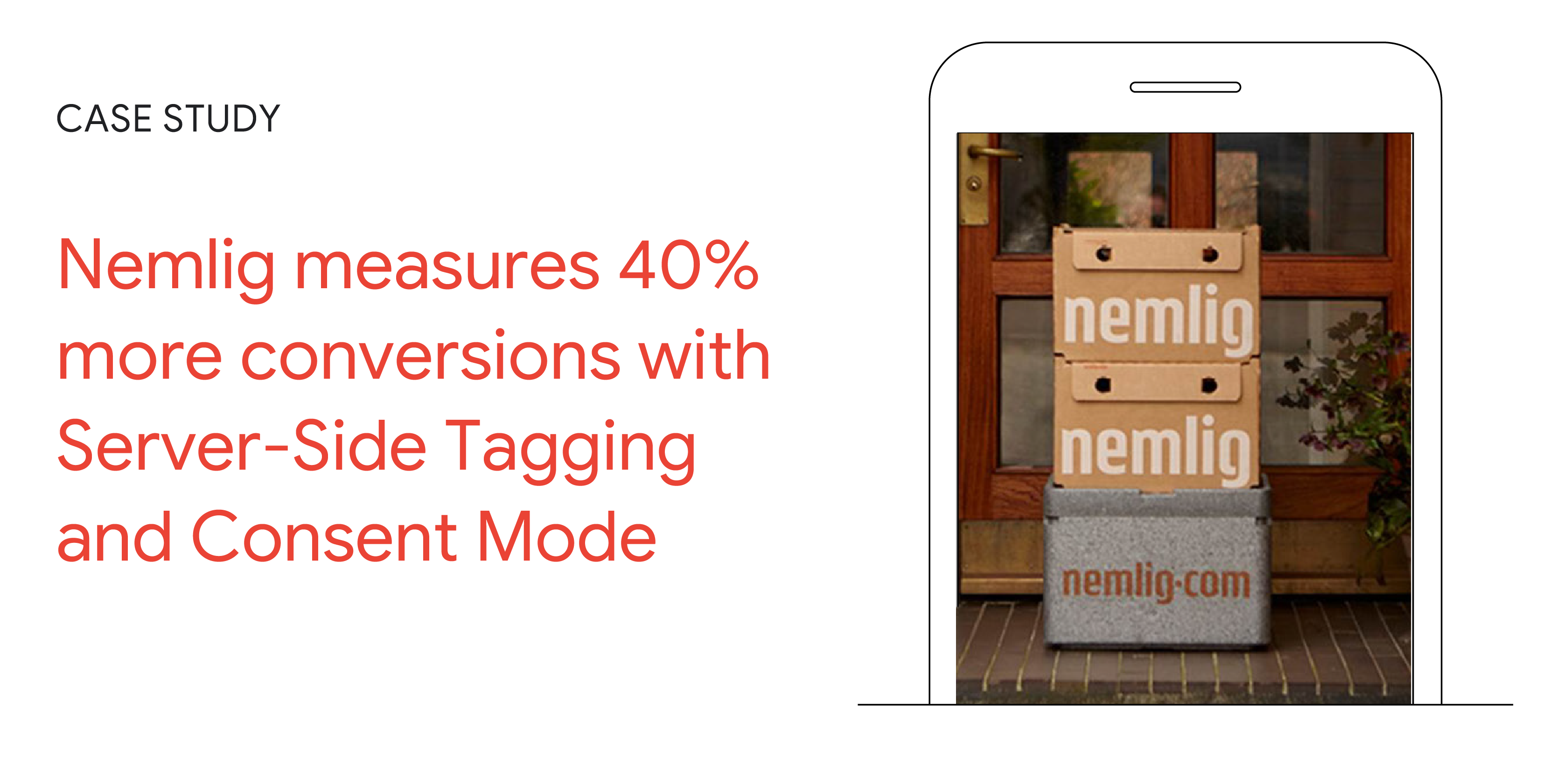 Case Study: Nemlig measures 40% more conversions with Server-Side Tagging and Consent Mode. A smartphone shows a stack of boxes with the Nemlig logo.