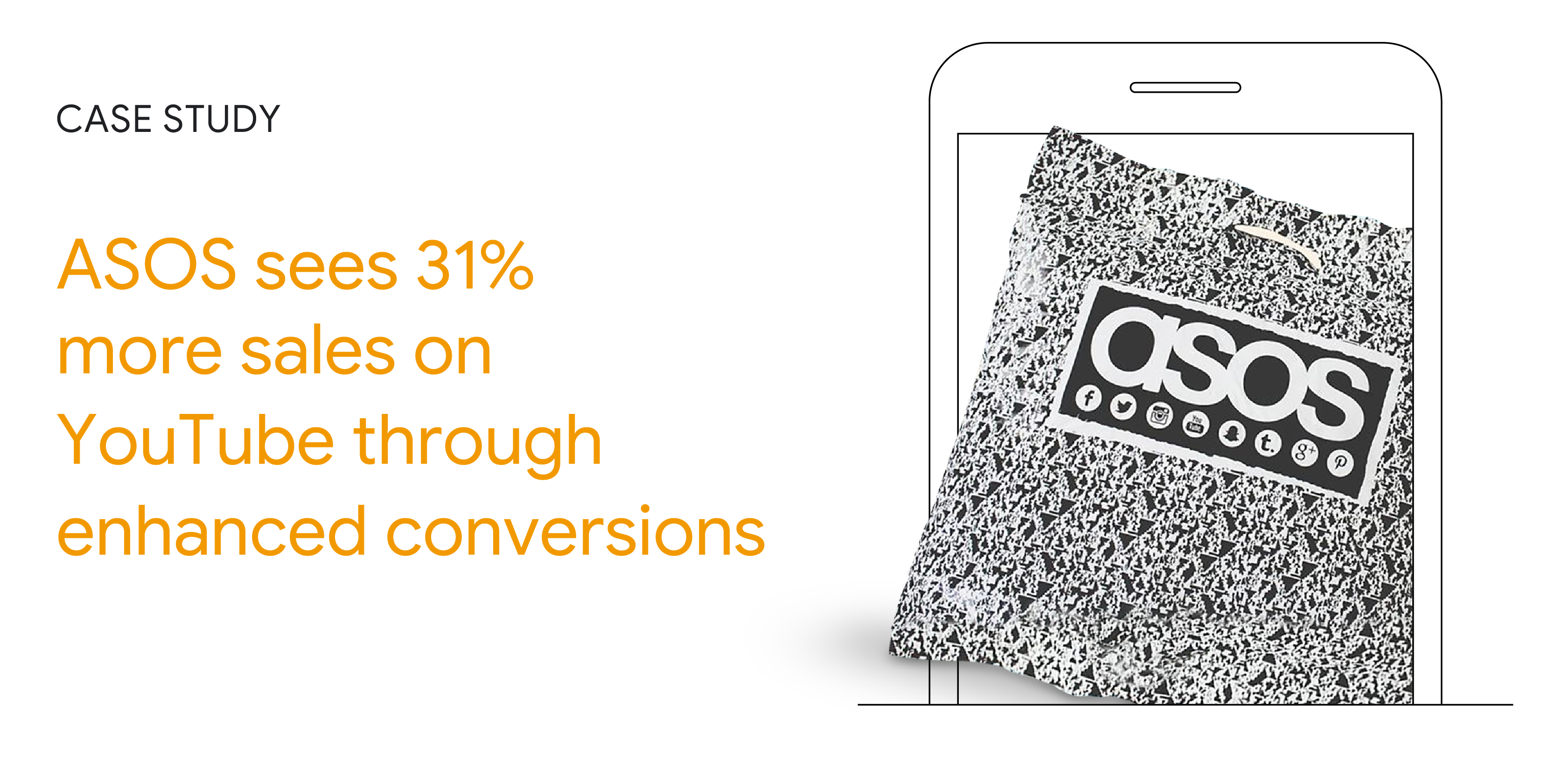 Case Study: ASOS sees 31% more sales on YouTube through enhanced conversions. A smartphone displays a black and white Asos shopping bag.