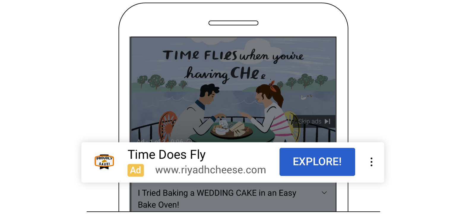 A digital ad shows a man and a woman at a restaurant table eating cheese, with the tagline 'time flies when you're having cheese', and a call to action encouraging people to explore the website.